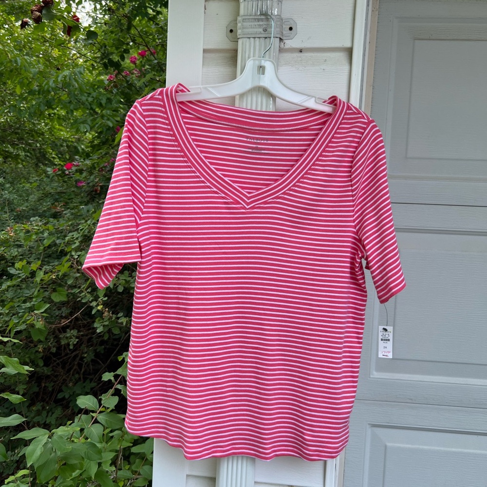 NWT Talbots Pretty Raspberry Pink White Stripe V-Neck Short Sleeve Top